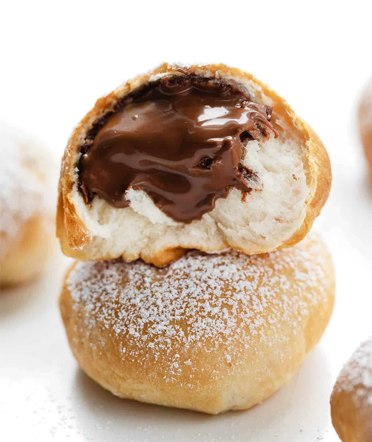 Cut in Half Nutella Bomb Showing Nutella Inside.