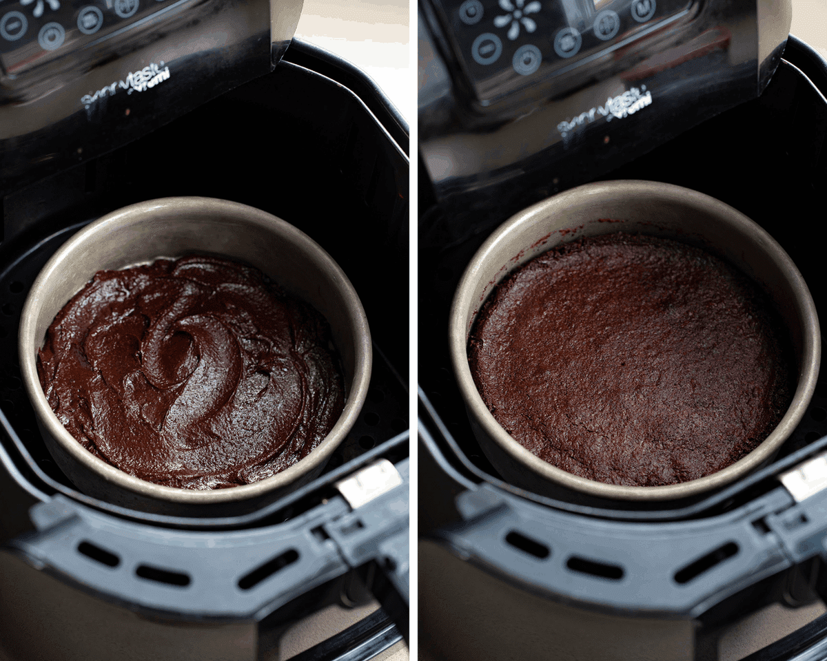 Air Fryer Brownies {For Two} are the perfect dessert to share on any occasion and this chocolate treat is made in an air fryer! Air Fryer Dessert, Desserts, Air Fryer Recipes, Brownies in Air Fryer, Air Fryer Brownies, Brownies for two, chocolate brownies from scratch, homemade brownie mix, homemade brownie recipe, i am baker, iambaker, chocolate , brownies Before and After of Air Frying From-Scratch Brownies for Two